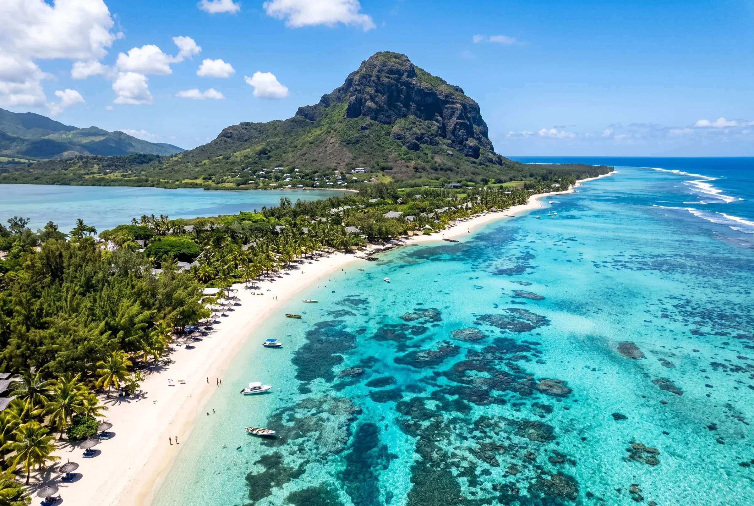 Aerial view of Le Morne Brabant and its turquoise lagoon, Mauritius